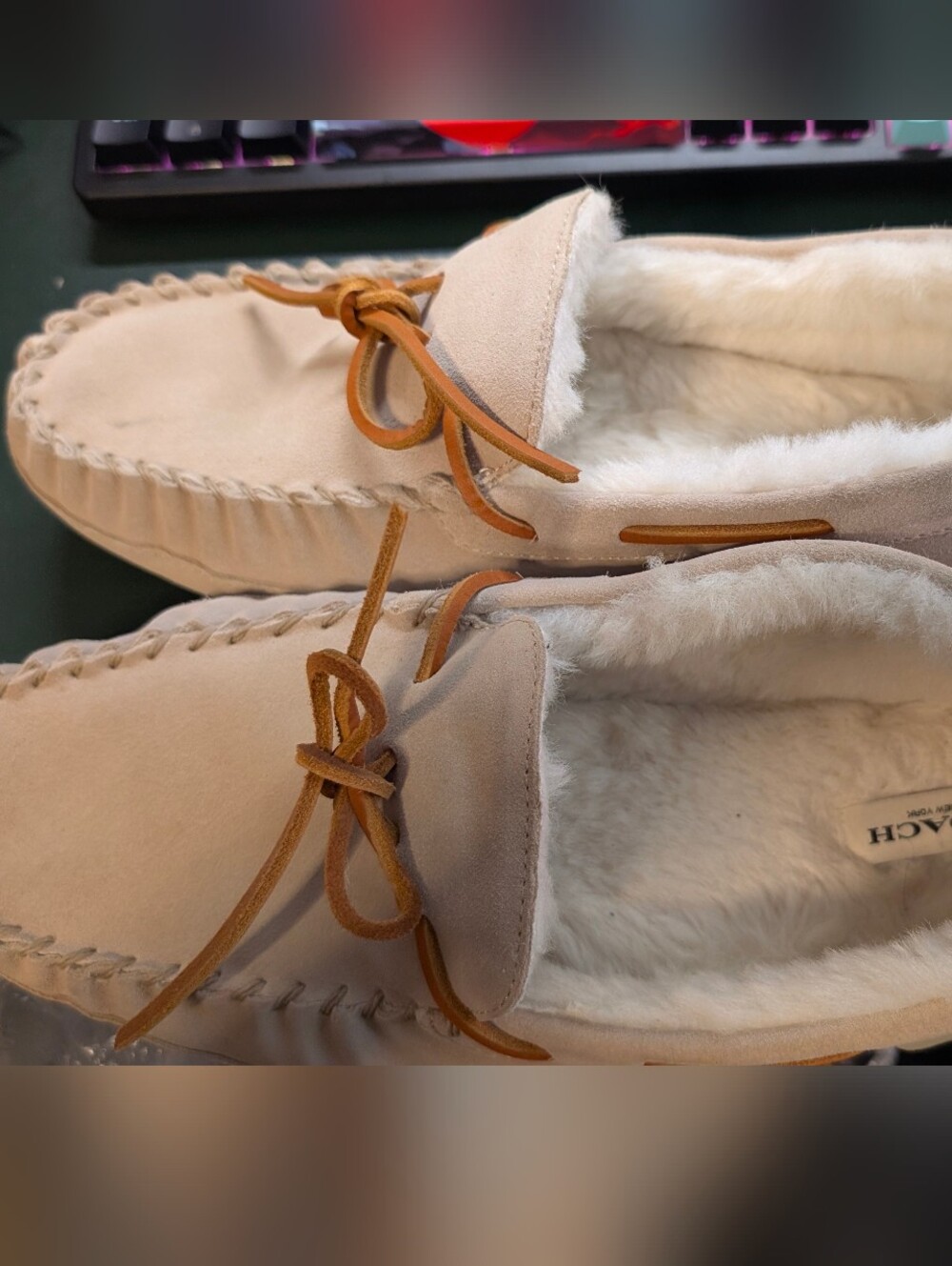 COACH Shoes MENS SIZE 12 Slipper CC743 Sand Suede Fleece Shearling Moccasin